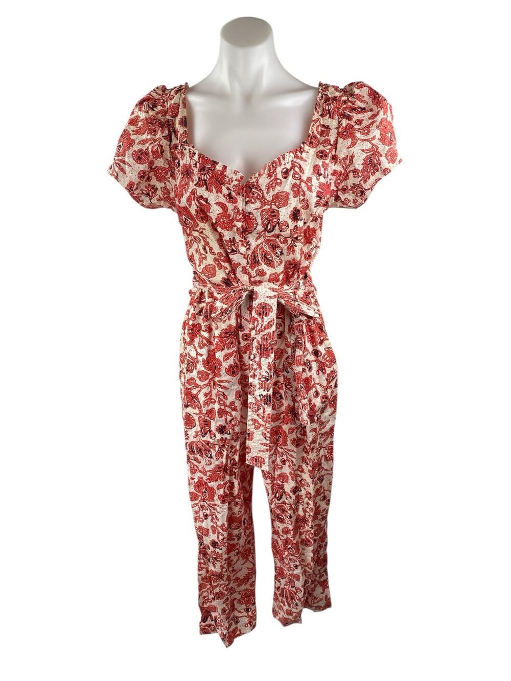 Find Me Now Red Floral Short Puff Sleeve Smocked Tie Waist Crop Jumpsuit Size M